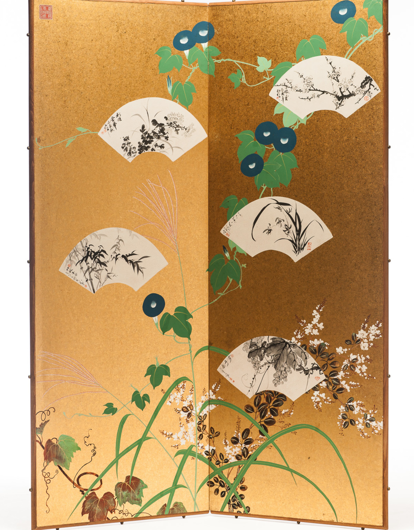 Picture of LAWRENCE & SCOTT JAPANESE "IVY & FANS" TWO-PANEL SILK GOLD FOIL HANGING SCREEN