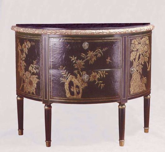 Picture of GEORGE III STYLE BLACK AND GOLD LACQUERED DEMI-LUNE CABINET