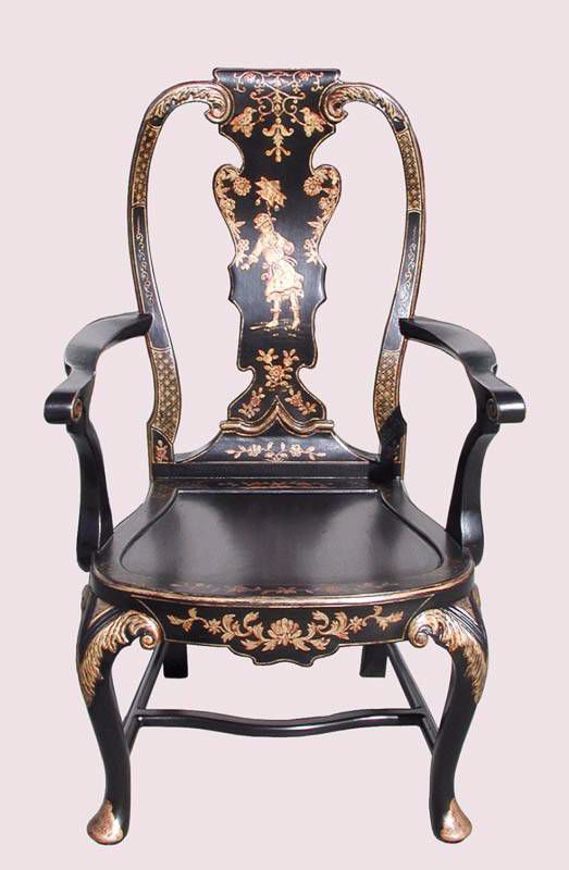 Picture of QUEEN ANNE STYLE BLACK AND GOLD LACQUER DINING CHAIR
